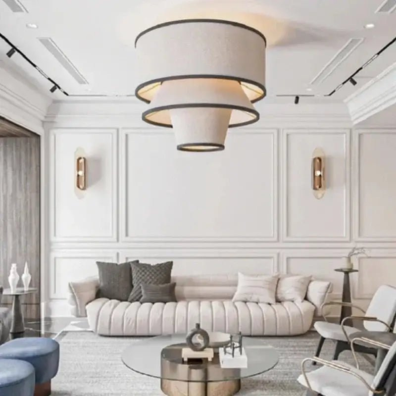 suspension-design-conique-en-tissu-beige-et-cerclages-noirs-458 Plafonnier salon blanc – Image 1