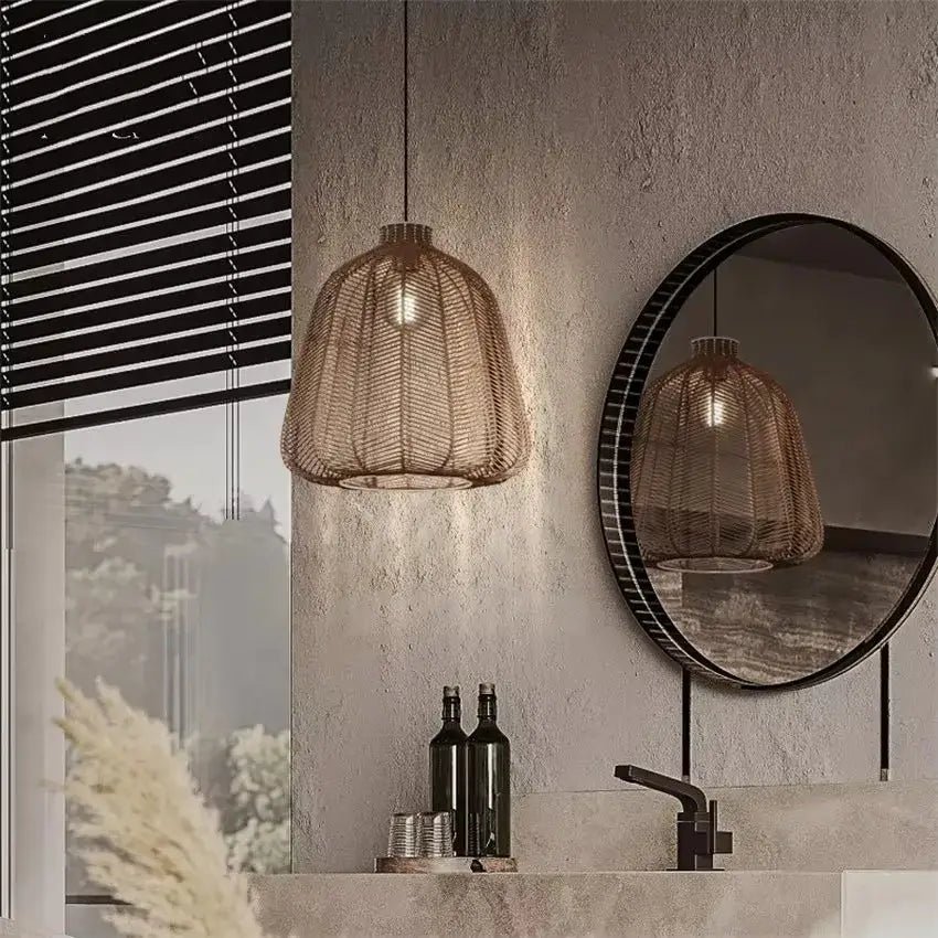 suspension luminaire tissee en rotin pour salle de bain moderne 624